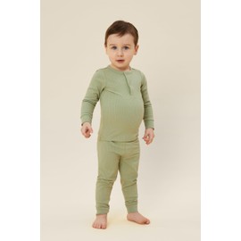 MORI Baby - Unisex Ribbed Pyjamas in Sage - Soft Organic Sleepwear with Front Popper Placket - Elastic Waist Bottoms for Secure Comfort - Ideal for Baby Boys and Girls Aged 3-4 Years