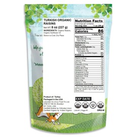 Turkish Organic Raisins, 8 Ounces — Sun Dried Thompson Seedless Select Grapes, Non-GMO, Raw, No Sugar added, Pesticide-Free, Kosher, Vegan, Lightly Coated with Organic Sunflower Oil
