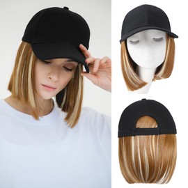 FORCUTEU Hat Wigs for Women Baseball Cap with Hair Extensions Short Straight Bob Hairstyle Caps with Hair Attached Adjustable Baseball Cap Wig for Daily Party(12inch)