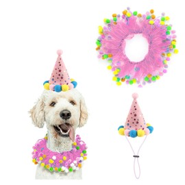 Elegant little tail Dog Birthday Costume - Pink Collars Cute Colorful Fluffy Ball Dog with Birthday Hat Patterns Girl Pet Tutu Collar Suit Pet Holiday Costume for Girl Small Medium Dogs