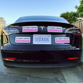 Stickios Non-Magnetic Student Driver Stickers - Removable Student Driver Decals for Cars & Windows - Paint-Safe Pink Student Driver Signs (10x4 inches, 4-Pack)