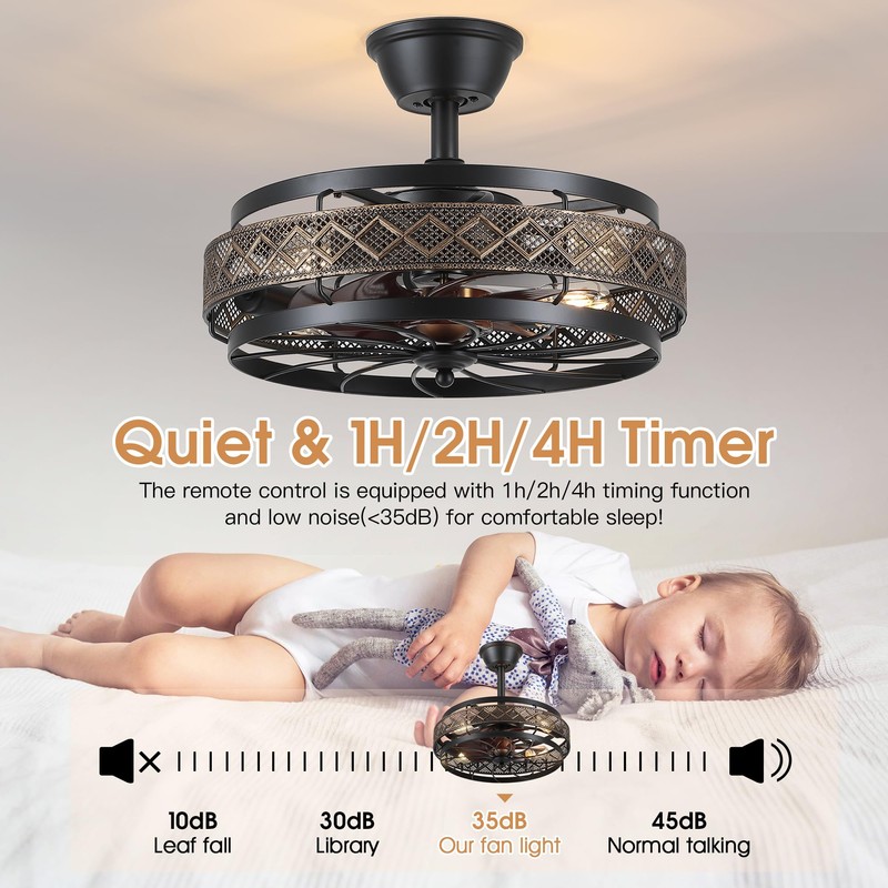 SHIHOT 18" Black Caged Ceiling Fan with Lights, Bladeless Industrial