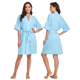 COLORFULLEAF Womens Robe Short Lightweight Kimono Robes for Women Knit Bathrobe Soft Sleepwear Ladies Loungewear (Light Blue,2XL)