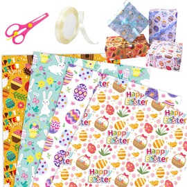 Easter Wrapping Paper, 8 Sheets of Easter Wrapping Paper, 70 x 50 cm, Children's Gift Wrapping Paper, Easter Roll with Chicks, Easter Bunny, Easter Eggs, Colourful Wrapping Paper, Gift Wrapping for