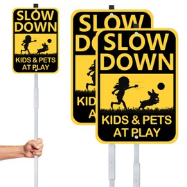 2 Pack 14"x 10" Slow Down Kids At Play Signs with 36" Metal Stake，Children at Play Safety Caution Signs, Aluminum Kids & Pets at Play Sign for Street, Lawn Neighborhoods，Easy to Install