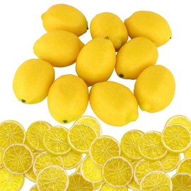 Woohome 30 PCS Fake Lemons Yellow Simulation Lemon Slices Artificial Fruit Set, 20 PCS Yellow Artificial Lemons and 10 PCS Plastic Lemon Slices for Decoration, Garnish, Photography Props, DIY