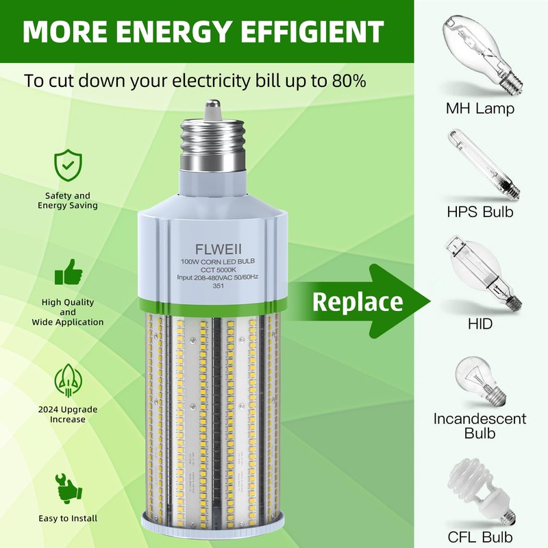 FLWEII LED Corn Light Bulb, 208-480V 100W E39 Mogul Base