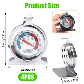 4 Packs Fridge Thermometer, Freezer Thermometers with Large Dial, Freezer Temperature Gauge, Refrigerator Thermometer Includes Hanging Hook and Retractable Stand, Easy-to-Read Display