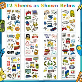 Partywind Luminous Video Game Party Supplies Temporary Tattoos for Kids, 158 Styles Glow Gamer Gaming Birthday Decorations for Boys Party Favors, Fake Tattoo Stickers Gifts for Gamer