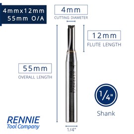 Rennie Tools - 4mm Cutting Diameter x 12mm Flute x 1/4" Shank TCT Tipped 2 Flute Straight Router Cutter Bit Compatible With Makita Bosch Trend Katsu Dewalt Router Etc. 4mm Router Bit