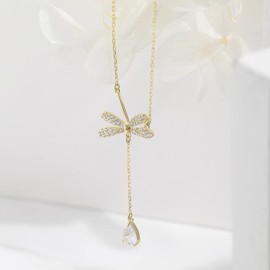 Silver Necklace for Women Dainty Dragonfly Pendant Gold Necklace Minimalist Dragonfly Crystal Necklace Bug Stackable (Gold)