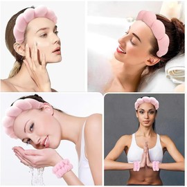 CAZYTOYZ Diadema De Esponja Para Spa Para Mujer, Set De Pulseras, Set De Diadema Con Brocha De Maquillaje Acolchada Para Lavarse La Cara, Toalla Suave, Diadema Para El Cuidado De La Piel, Linda Diadem