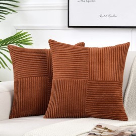 Fancy Homi 2 Packs Rust Big Decorative Throw Pillow Covers 24x24 Inch for Living Room Couch Bed, Rustic Farmhouse Boho Home Decor, Soft Corss Corduroy Patchwork Square Terracotta Cushion Case 60x60 cm