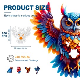 Wooden Jigsaw Puzzles for Adults and Kids, Rainbow Owl 200 Piece Unique Shaped Puzzle, Family Game and Creative Wooden Puzzle Gift, Wall Art Decor
