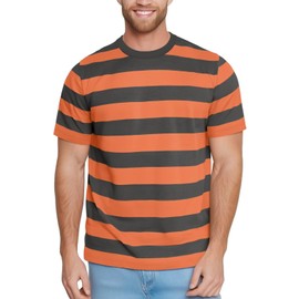 Zengjo Striped Shirts for Men Short Sleeve Wide Stripe Retro Tees (Orange Gray,S)