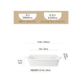 MALACASA 4.4 QT Baking Dish, 9x13 Large Casserole Dish for Oven, Ceramic Baking Pan, Rectangular Lasagna Pan Deep with Handles for Baking, Durable Microwave Oven Safe, Wedding Gift,White, Series BAKE-BAKE