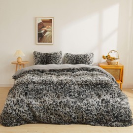 XeGe Leopard Print Fluffy Faux Fur Duvet Cover Set, 3 Pieces Soft Plush Shaggy Fuzzy Bedding Set(1 Faux Fur Cheetah Print Comforter Cover + 2 Furry Pillowcases), Zipper Closure(Queen, Grey)