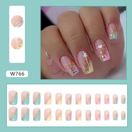 24 Pcs Pink French Press on Nails Short Square ZWENJIE Fake Nails Press ons with Glossy Designs Full Cover Nude Pink False Nails Artificial Acrylic Stick on Nails for Women
