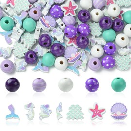 KitBeads 100pcs Random Ocean Wood Beads Purple Sea Beads Wooden Mermaid Shell Sea Life Beads for Bracelets Jewelry Making Necklace Crafts Bulk Pack