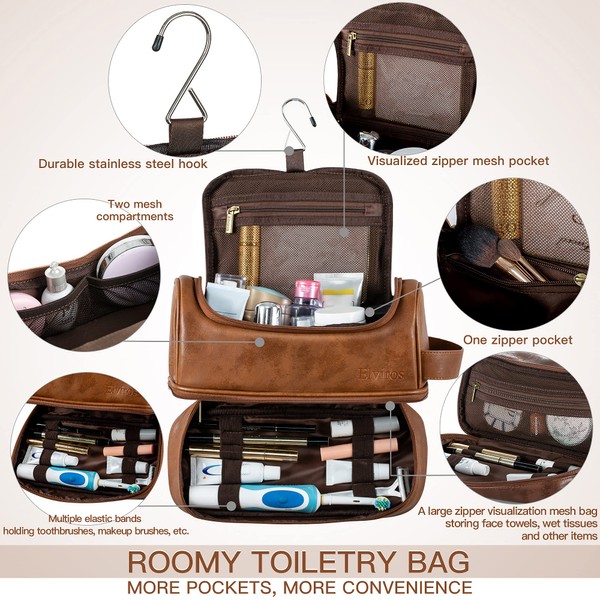 Elviros Toiletry Bag, Mens Leather Travel Organizer Kit with hanging hook, Large Water-resistant Toiletries Bathroom Shaving Bags for Women (Large, Brown)