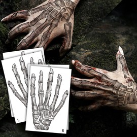 4-Sheet 3D Skeleton Hand Temporary Tattoos - Dual Left & Right Designs - Halloween Fake Bones Tattoo for Costumes