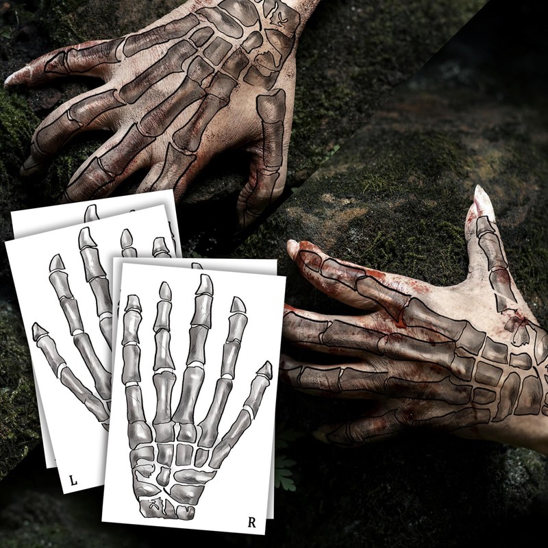 4-Sheet 3D Skeleton Hand Temporary Tattoos - Dual Left &