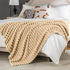 Wider Striped 380gsm Thick Large Queen Blanket for Bed Super Soft Cozy Blankets for Women Fuzzy Fleece Khaki Blanket for Couch Sofa Full Size 90x90