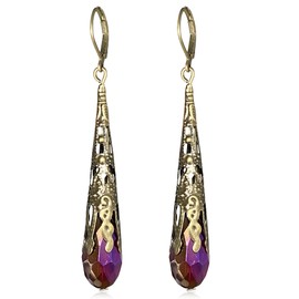 Indian Ethnic Vintage Gold Brone Sparkly Crystal Teardrop Dangle Drop Earrings Bohemian Gypsy Retro Rhinestone Hook Earrings for Women Love Statement Jewelry Gift (Colorful Purple)