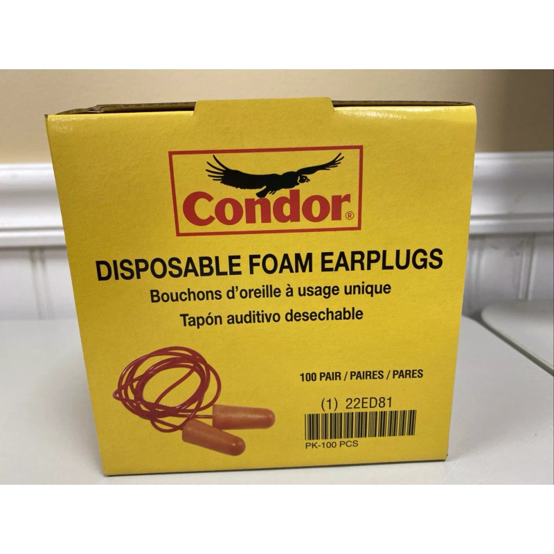 CONDOR Disposable Foam Earplugs Box of 100 Pair 22ED81