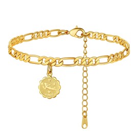 ChainsHouse Women's Anklet 12 Zodiac Sign Pendant 22 cm + 5 cm Girls Anklet Gold-Plated Round Coin Jewellery Gift, Stainless Steel