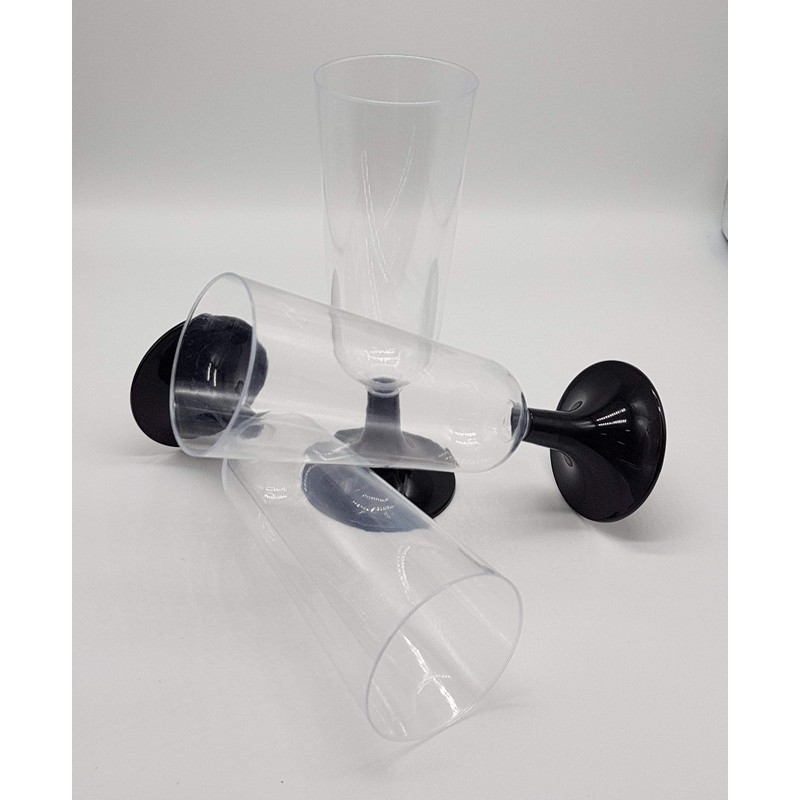 30 x Plastic Champagne Glasses Flutes Black Stems - Perfect