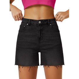 AUWUKA Womens High Waist Jean Shorts Wide Straight Leg Microelastic Long Denim Mom Shorts, Black, 8
