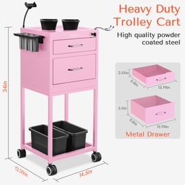 TASALON New Upgrade Salon Metal Lockable Trolley Cart for Salon Station - with 2 Magnetic Bowls– Beauty Cart, Tattoo Cart, Hair Cart for Hair Stylist Multipurpose Cart-Pink