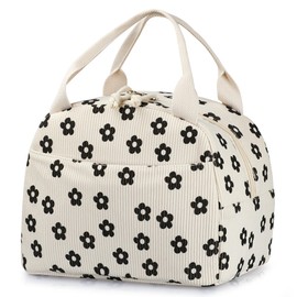 WOPIPAL Cute Insulated Lunch Bag, Small Corduroy Cooler Lunch Box for Women and Men Large Tote Lunchbox for Work/Picnic/Travel (Corduroy Black Floral)