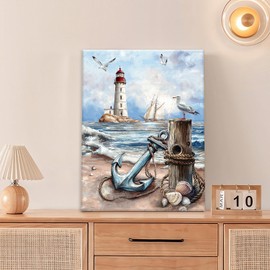 Nautical Wall Art Beach Lighthouse Anchor Pictures Wall Decor Coastal Canvas Prints Framed Paintings Artwork For Bathroom Kitchen Bedroom Dinning Room Living Room Office 12"x16"