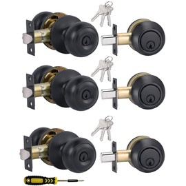 （3 Sets） All Keyed Alike Entry Door Knobs and Single Cylinder Deadbolt Lock Combo Set, Security for Entrance and Front Door with Classic Flat Ball Matte Black Finish by Lanwandeng