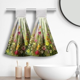 Cneztholim Spring Flowers Hanging Kitchen Towel with Loop 2 Pcs Wild Floral Hand Tie Towel for Bathroom Summer Green Haning Dish Towels Soft Absorbent for Kitchen Bathroom Home Decor Aceesories