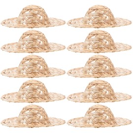 LOGOFUN 10 pcs Mini Straw Hats Handcraft Doll Straw Hat Tiny Sombrero Hats for DIY Craft Dollhouse Doll Costume Accessories - 6Inch
