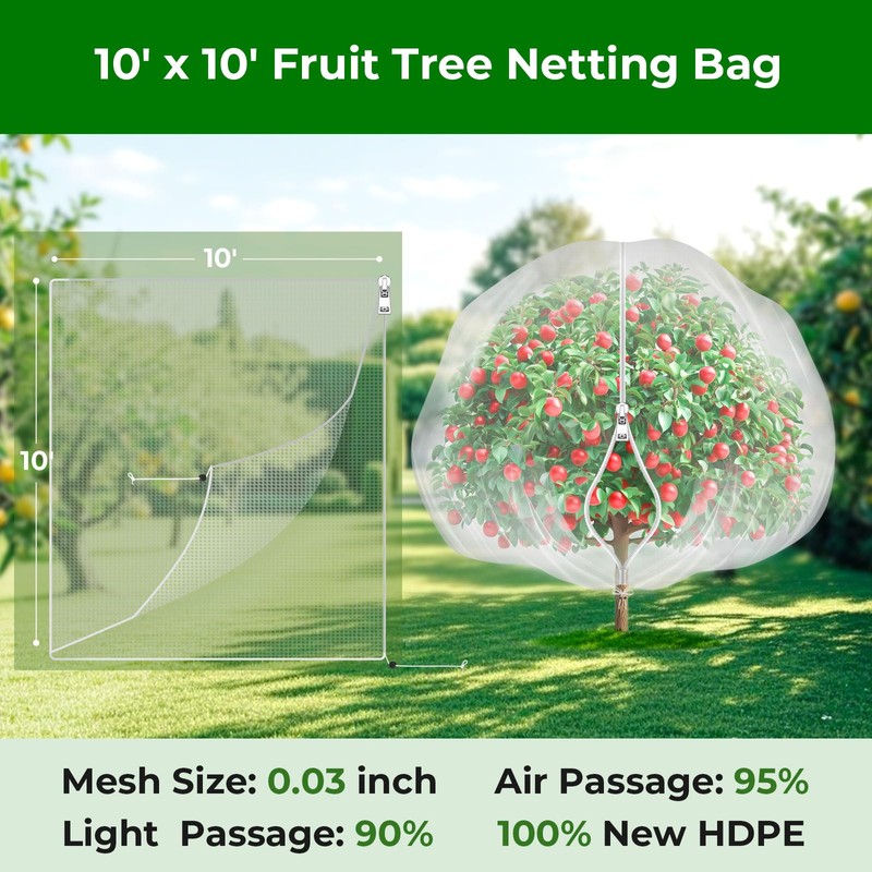 Fruit Tree Netting with Zipper & Drawstring - 10'x10' Garden