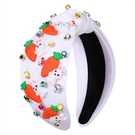 Easter Headbands for Women Colorful Easter Egg Carrot Bunny Headband Embellished Crystal Rhinestone Wide Top Knot Headband Easter Outfits Accessories Spring Holiday Headwear Gifts (Carrot&Bunny White)