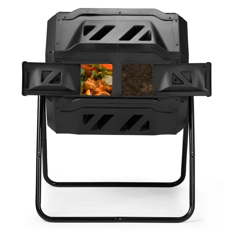 42-Gallon Dual Chamber Outdoor Compost Tumbler Black Rotating Batch Composter