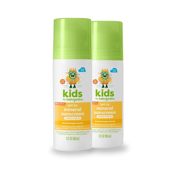 Babyganics SPF 50 Kids Mineral Sunscreen Roller Ball, Totally Tropical | UVA UVB Protection | Octinoxate & Oxybenzone Free | Water Resistant |3 Ounce (Pack of 2)