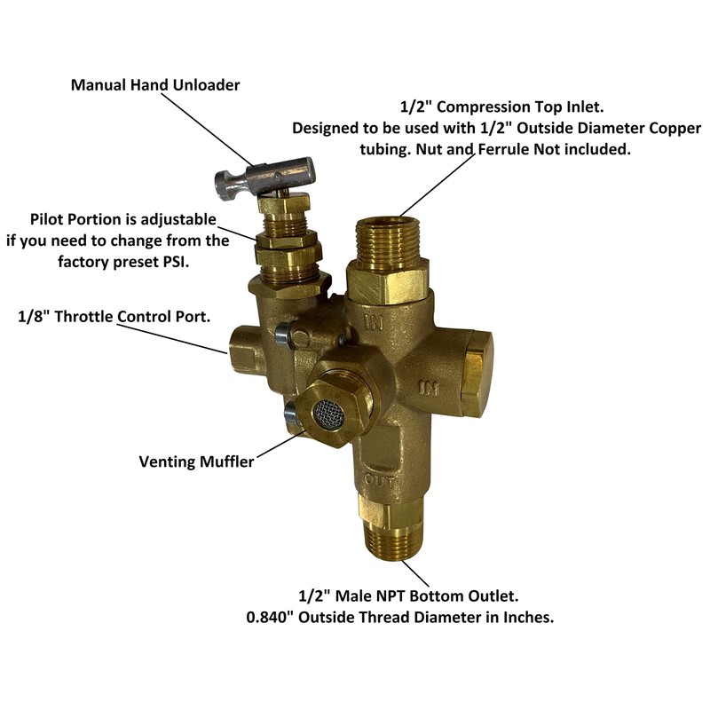 1/2" Compression Top Inlet for Copper Tubing, Combo Unloader Pilot