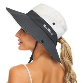 KorhLeoh Women Sun Hat UV Protection Mesh Wide Brim Beach Fishing Hat with Ponytail Hole, Beige grey