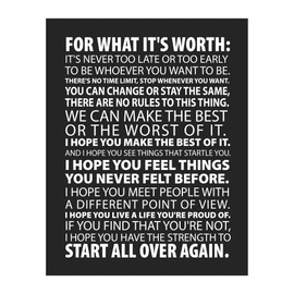 For What It's Worth-It's Never Too Late- Motivational Quotes Wall Art, Inspirational Typographic Wall Print perfect For Home Decor, Office Decor, School Decor, and Gym Decor. Unframed- 11x14"