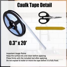 Caulk Tape 0.3" x 20' - Narrow Self-Adhesive White Caulk Strip for Kitchen Corner