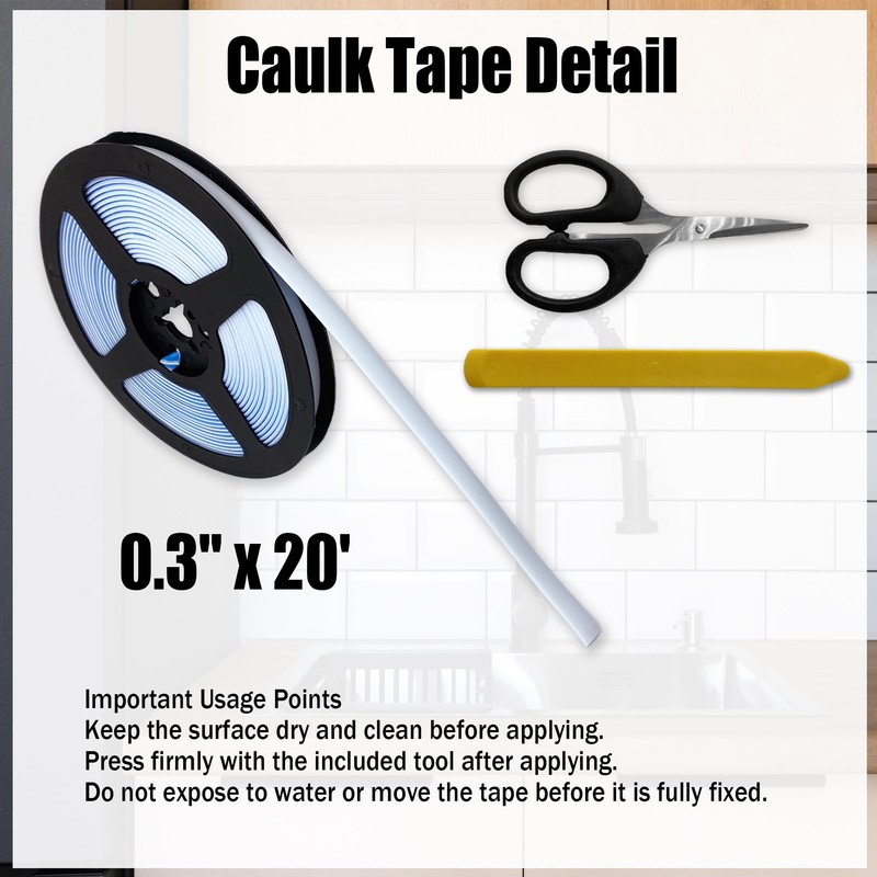 Caulk Tape 0.3" x 20' - Narrow Self-Adhesive White Caulk