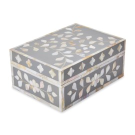 Veritas Commerce Group Mother Of Pearl Handmade Jewellery Box With Grey Floral Design - Luxurious Storage For Precious Pieces And Cherished Keepsakes - Elegant Organizer For All Storage Needs