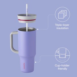 Owala Stainless Steel Triple Layer Insulated Travel Tumbler with Spill Resistant Lid, Straw, and Carry Handle, BPA Free, 40 oz, Light Purple (Whimsical Daydream)