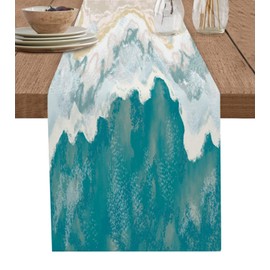 Table Runner Dresser Scarves 13"x48" Long, Boho Teal Beige Coastal Beach Ocean Waves Table Runner, Table Scarves for Kitchen Dining Family Gatherings, Parties, Wedding Desktop Decor Accessory